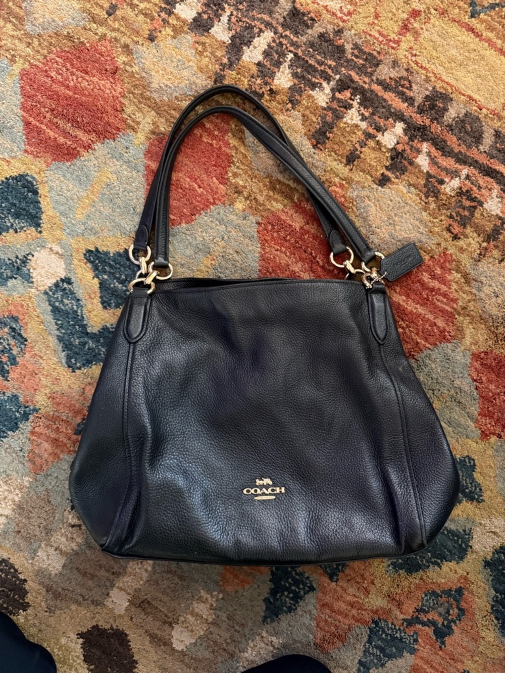 COACH HALLIE BLACK/Gold GENUINE Pebbled LEATHER SHOULDER BAG HANDBAG